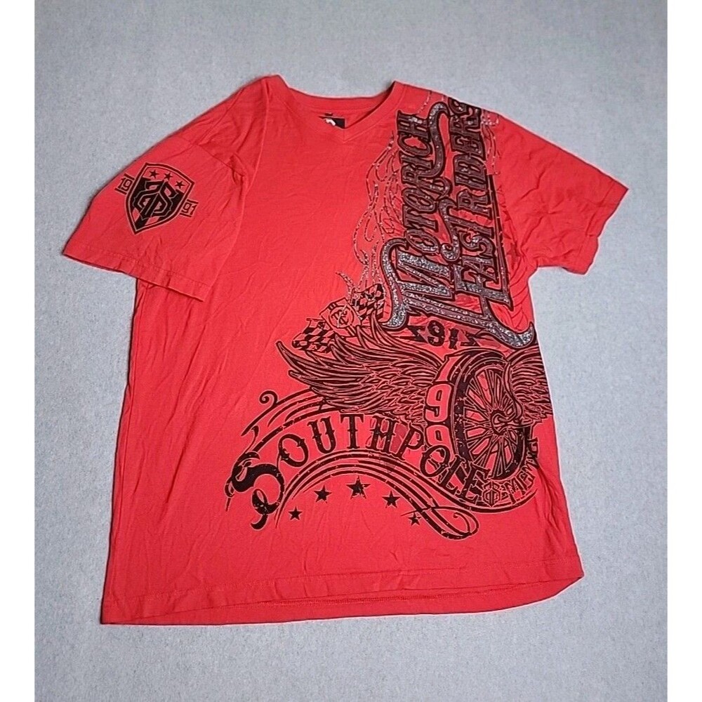 Southpole Shirt Mens XL‎ Red Skull Chief Glitter V Neck Dual Sided Motorich AOP